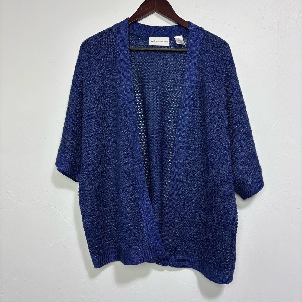 Alfred Dunner Metallic Blue Open Front Cardigan Sweater Knit Size XL Women's